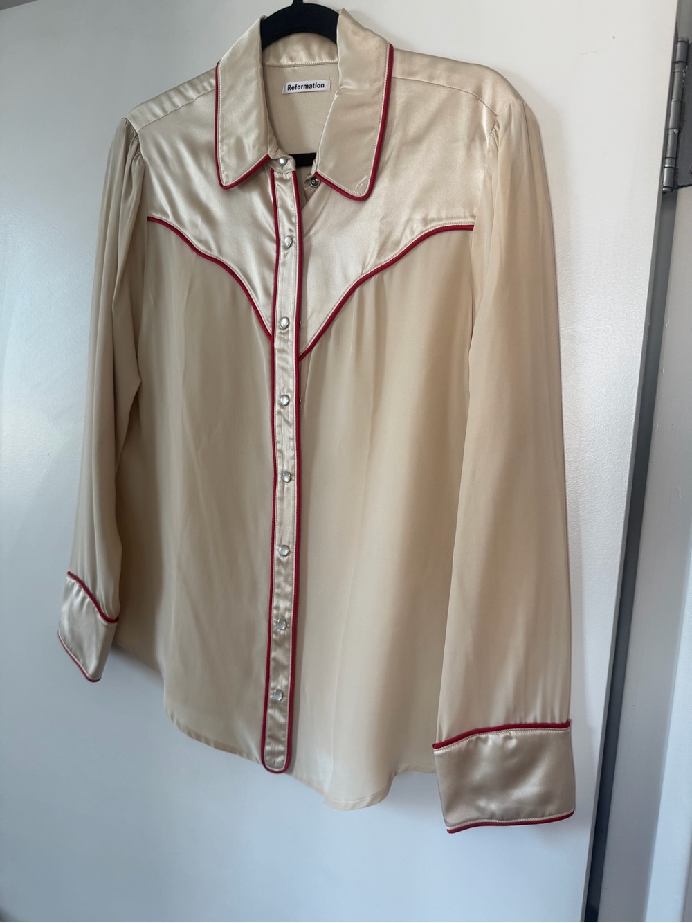 Reformation “Cowboys make better lovers” Silk Pearl Snap Button Up